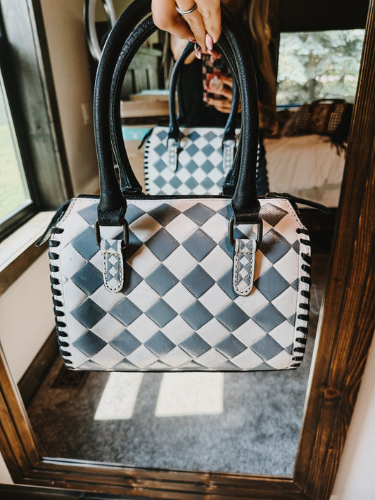 Gray checker tooled bag